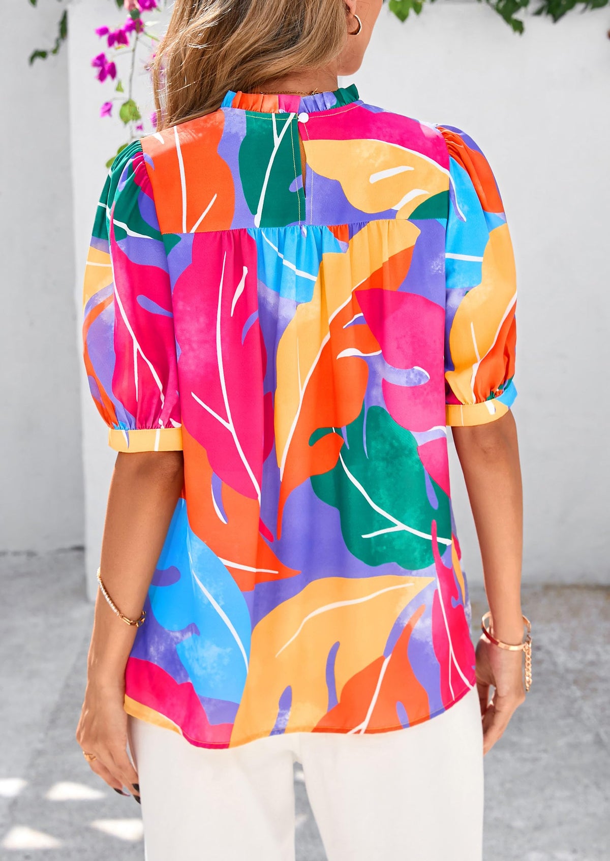 Floral Short Sleeve Dressy Casual Boho Pleated  Blouses