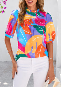Floral Short Sleeve Dressy Casual Boho Pleated  Blouses