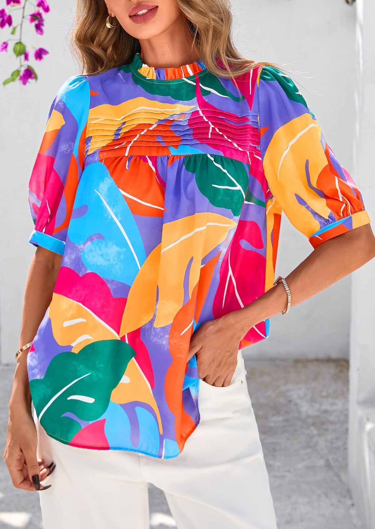 Floral Short Sleeve Dressy Casual Boho Pleated  Blouses
