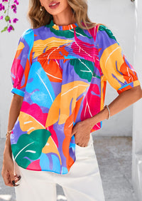 Floral Short Sleeve Dressy Casual Boho Pleated  Blouses