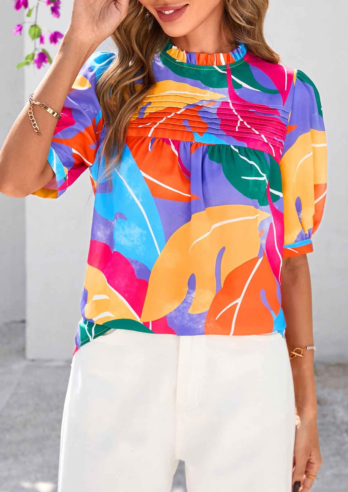 Floral Short Sleeve Dressy Casual Boho Pleated  Blouses