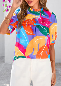 Floral Short Sleeve Dressy Casual Boho Pleated  Blouses