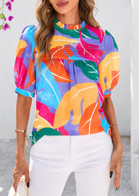 Floral Short Sleeve Dressy Casual Boho Pleated  Blouses