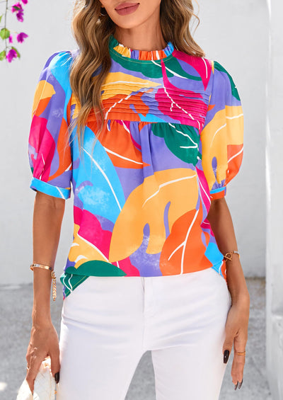 PRETTYGARDEN Floral Tops for Women Blouses Dressy Casual Summer Trendy Outfits Boho Pleated Short Sleeve Shirts