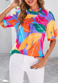 Floral Short Sleeve Dressy Casual Boho Pleated  Blouses