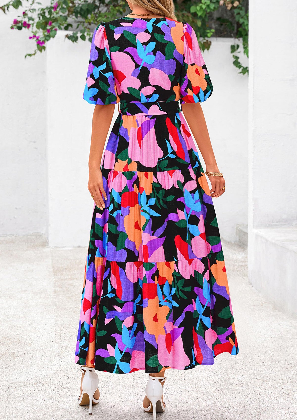Bohemian Print V-Neck Short Sleeved Ruffled Vacation Maxi Dress