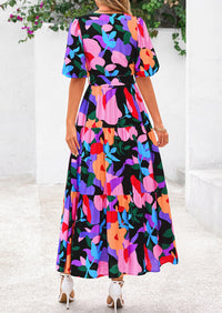 Bohemian Print V-Neck Short Sleeved Ruffled Vacation Maxi Dress