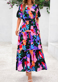 Bohemian Print V-Neck Short Sleeved Ruffled Vacation Maxi Dress