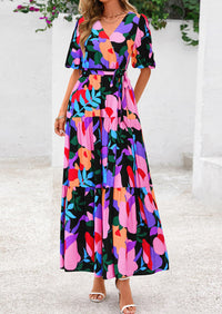 Bohemian Print V-Neck Short Sleeved Ruffled Vacation Maxi Dress