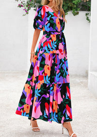 Bohemian Print V-Neck Short Sleeved Ruffled Vacation Maxi Dress