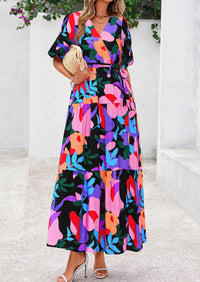 Bohemian Print V-Neck Short Sleeved Ruffled Vacation Maxi Dress