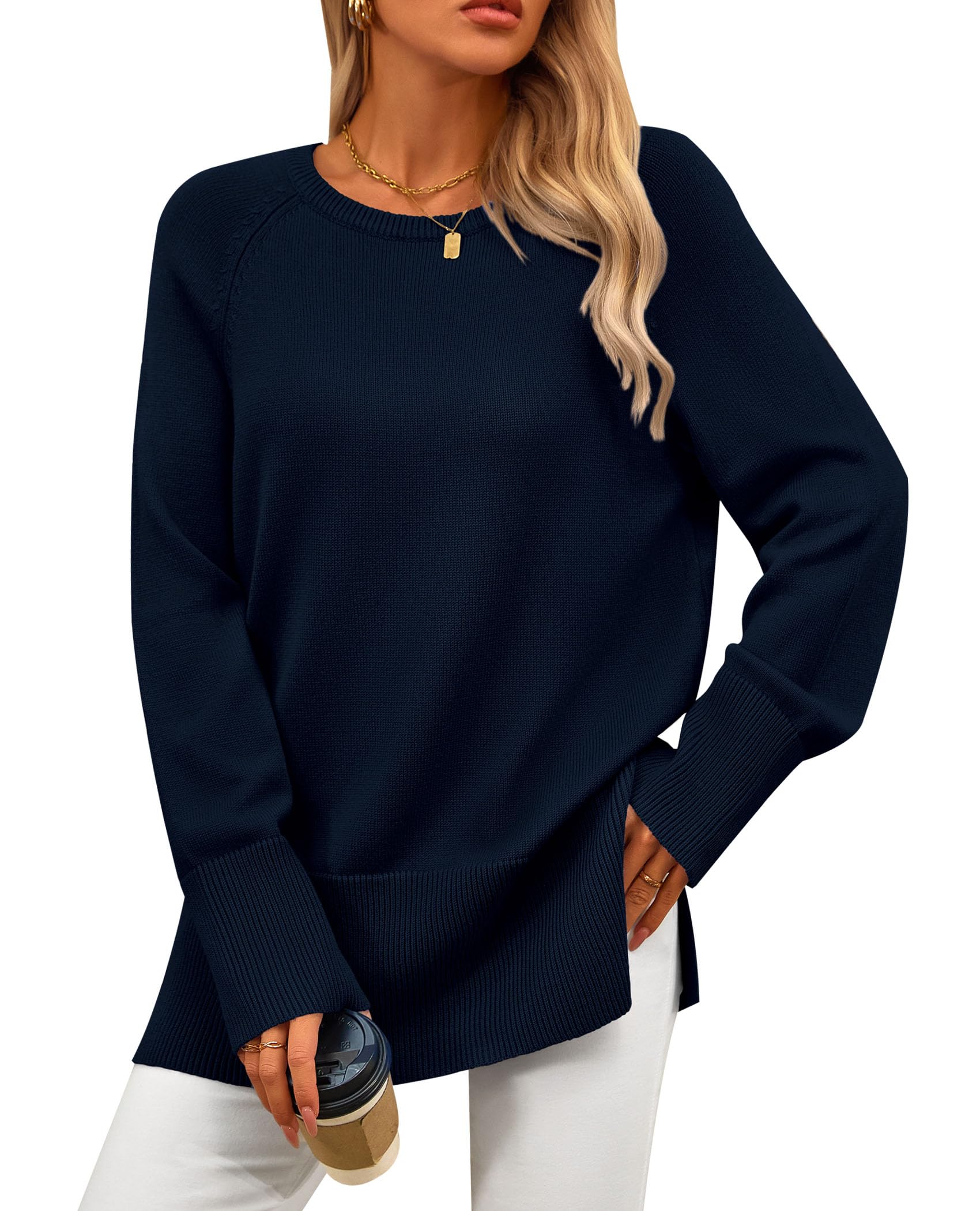 PRETTYGARDEN Women's Knit Fall Sweaters Long Sleeve Pullover Crewneck Split Hem Oversized Tunic Sweater Tops Winter Clothing
