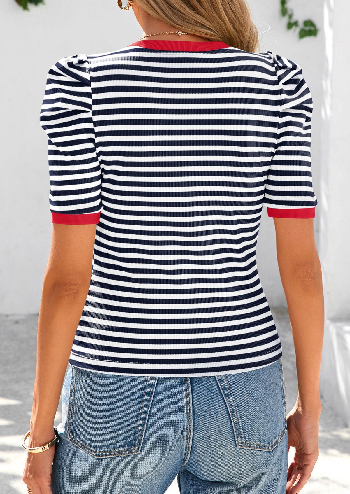 Puff Sleeve Casual Ribbed Knit Color Block Striped Pullover T-shirts