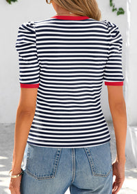 Puff Sleeve Casual Ribbed Knit Color Block Striped Pullover T-shirts