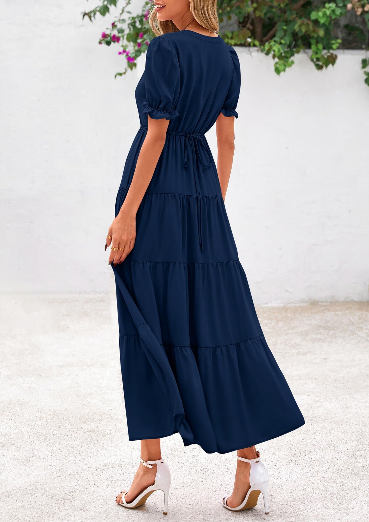 Casual Short Sleeve V Neck Tiered Flowy Beach Vacation Maxi Dress with Pockets