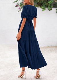 Casual Short Sleeve V Neck Tiered Flowy Beach Vacation Maxi Dress with Pockets