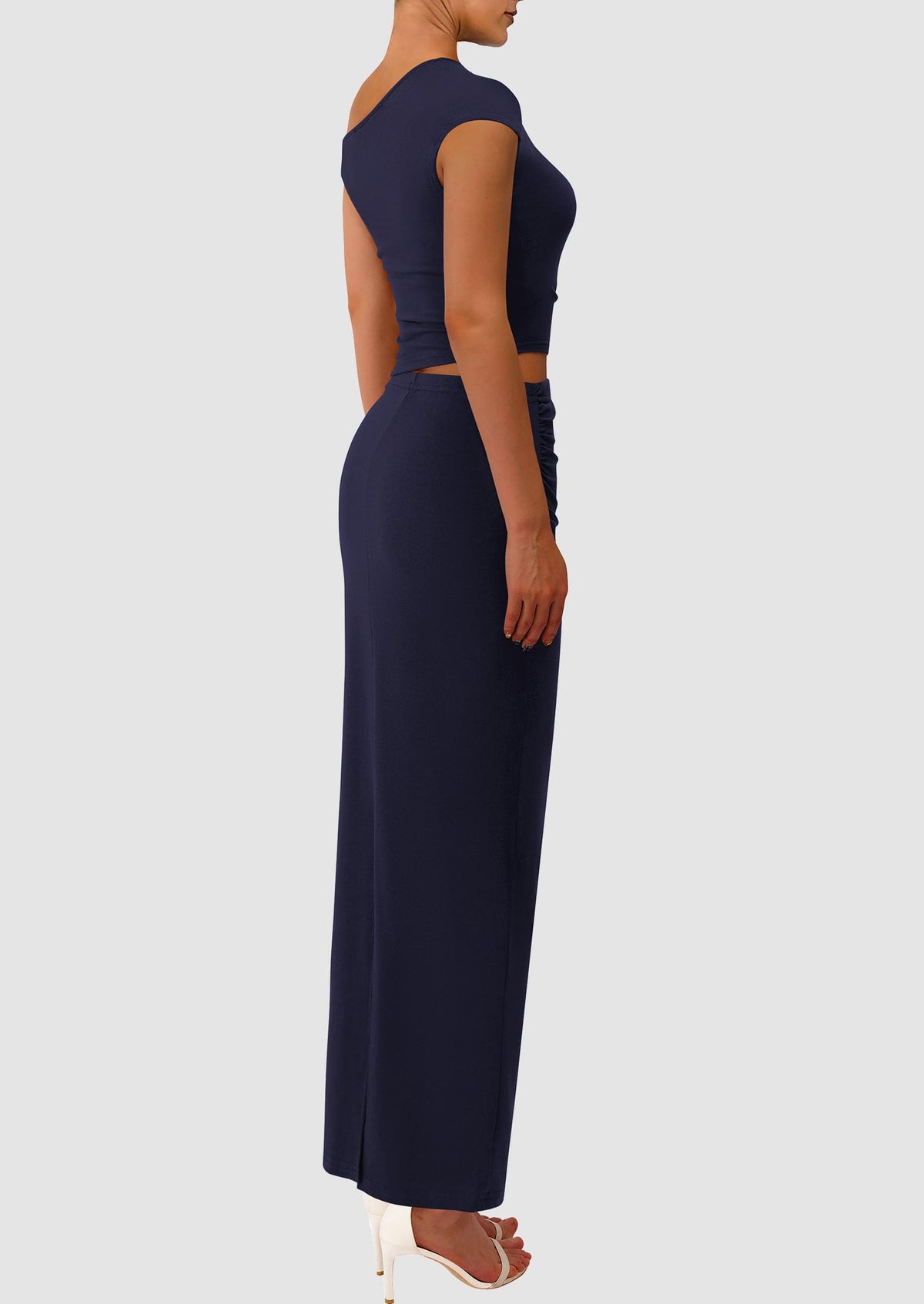 One Shoulder Sleeveless Ruched Slit Bodycon Two Piece Skirt Set
