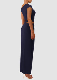 One Shoulder Sleeveless Ruched Slit Bodycon Two Piece Skirt Set