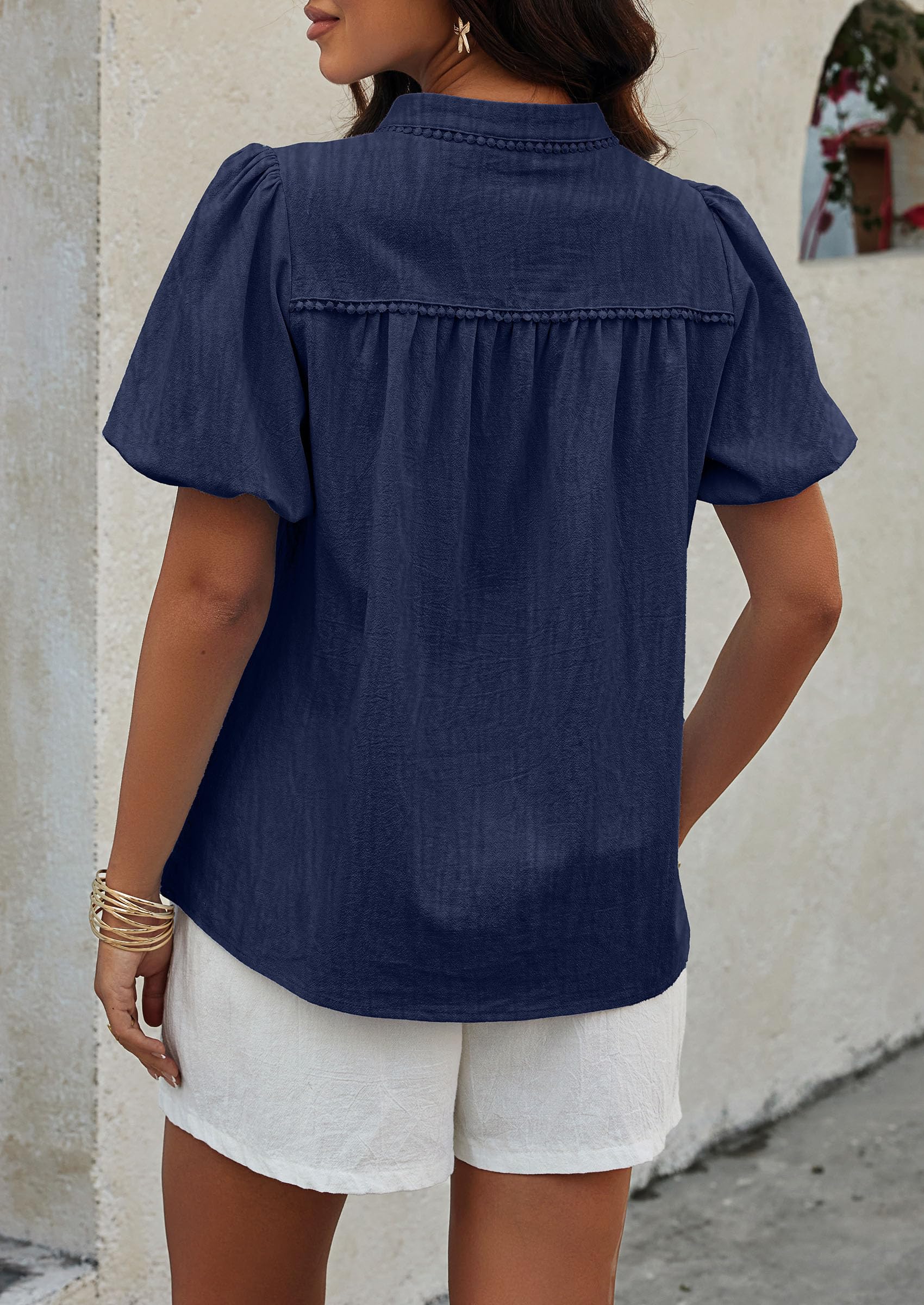 PRETTYGARDEN Womens Casual Summer Tops V Neck Short Puff Sleeve Pleated Cotton T Shirts Loose Dressy Blouses