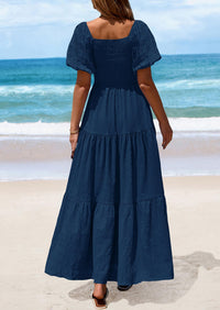 Puff Short Sleeve Square Neck Smocked Tiered Ruffle A Line Flowy Beach Maxi Dresses