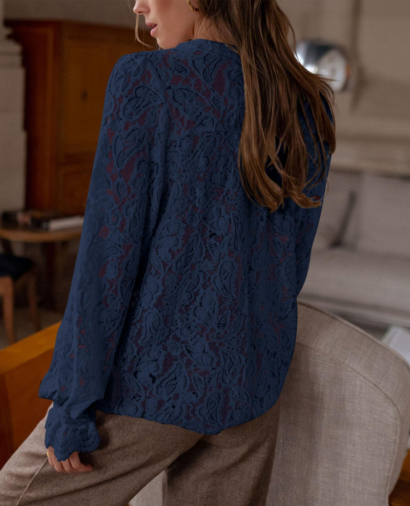 PRETTYGARDEN Women's Dressy Casual Lace Blouse Long Sleeve Button Up Shirts Tops Spring Fall Fashion Clothes