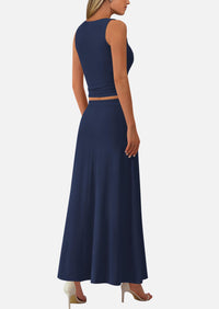 Crop Tank Top Flowy Midi Skirts Ribbed Knit Casual Two Piece Skirt Set