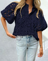PRETTYGARDEN Women's Summer Short Sleeve Tops 2025 Dressy Casual Buttons V Neck Hollow Out Lace Embroidered Blouses Shirts