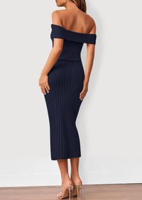 Off The Shoulder Elegant Ribbed Knit Bodycon Wedding Guest Sweater Midi Dresses