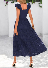 Square Neck Cap Sleeve Eyelet Smocked Tiered A Line Maxi Dresses with Pockets