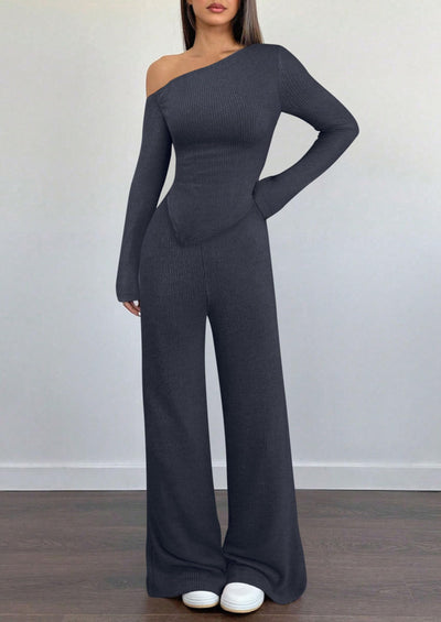 PRETTYGARDEN Casual Two Piece Sets for Women Fall Outfits Asymmetrical Off Shoulder Tops Wide Leg Pants Knit Lounge Set