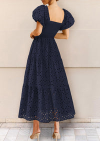 Eyelet Square Neck Puff Sleeve Smocked Maxi Dress with Pockets