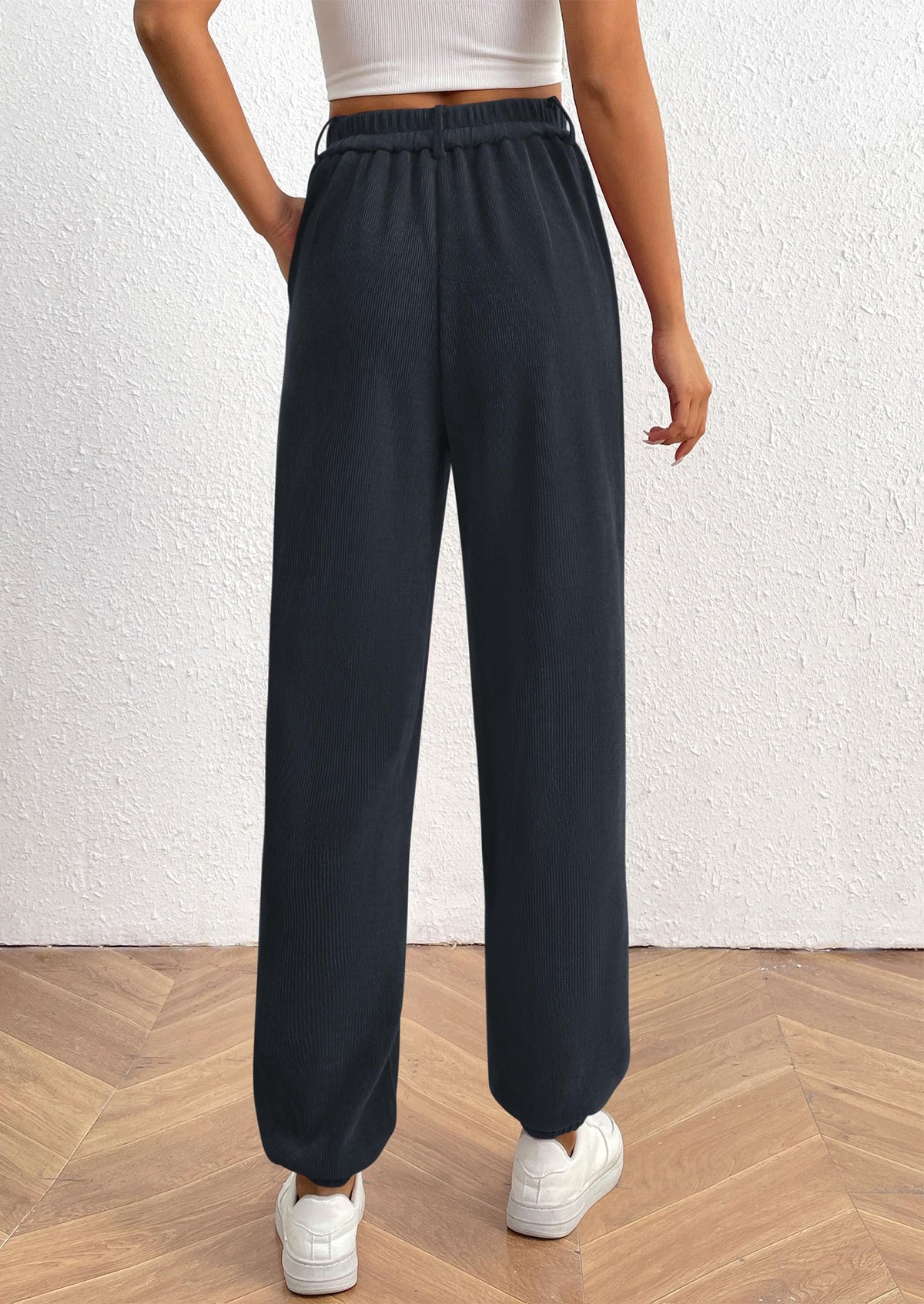 Elastic High Waisted Work Office Corduroy Casual Pants with Pockets