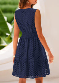 Sleeveless V Neck Eyelet Hollow Out Swing A Line Beach Vacation Dresses