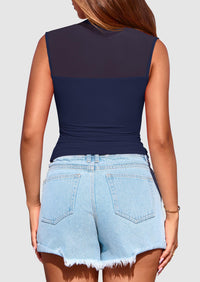 Sheer Mesh Casual Sleeveless Mock Neck Ruched Slim Fitted Tank Tops