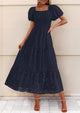 Eyelet Square Neck Puff Sleeve Smocked Maxi Dress with Pockets