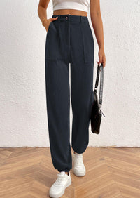 Elastic High Waisted Work Office Corduroy Casual Pants with Pockets