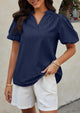 Casual V Neck Short Puff Sleeve Pleated Cotton Loose Blouses