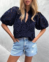 PRETTYGARDEN Women's Summer Short Sleeve Tops 2025 Dressy Casual Buttons V Neck Hollow Out Lace Embroidered Blouses Shirts