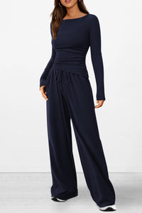 Asymmetrical Long Sleeve T-Shirt Wide Leg Pants Casual 2 Piece Sets