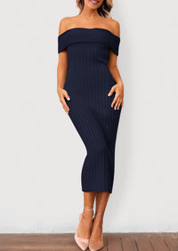 Off The Shoulder Elegant Ribbed Knit Bodycon Wedding Guest Sweater Midi Dresses
