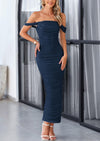 PRETTYGARDEN Womens Off The Shoulder Dress Ruched Bodycon Sleeveless Split Cocktail Party Maxi Dresses