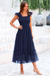 Casual Sleeveless Smocked Ruffle Tulle Flowy Beach Sundress