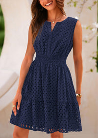 Sleeveless V Neck Eyelet Hollow Out Swing A Line Beach Vacation Dresses