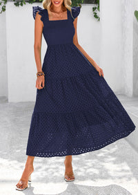 Square Neck Cap Sleeve Eyelet Smocked Tiered A Line Maxi Dresses with Pockets