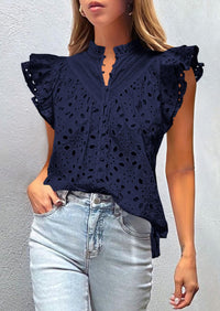 Casual Ruffle Cap Sleeve Button V Neck Embroidered Eyelet Blouses