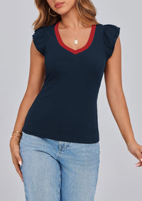 V Neck Ruffle Sleeveless Slim Fit Casual T-shirts