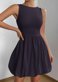 Casual Sleeveless Tank Mini Short Dress Crew Neck Bubble Dress with Pockets