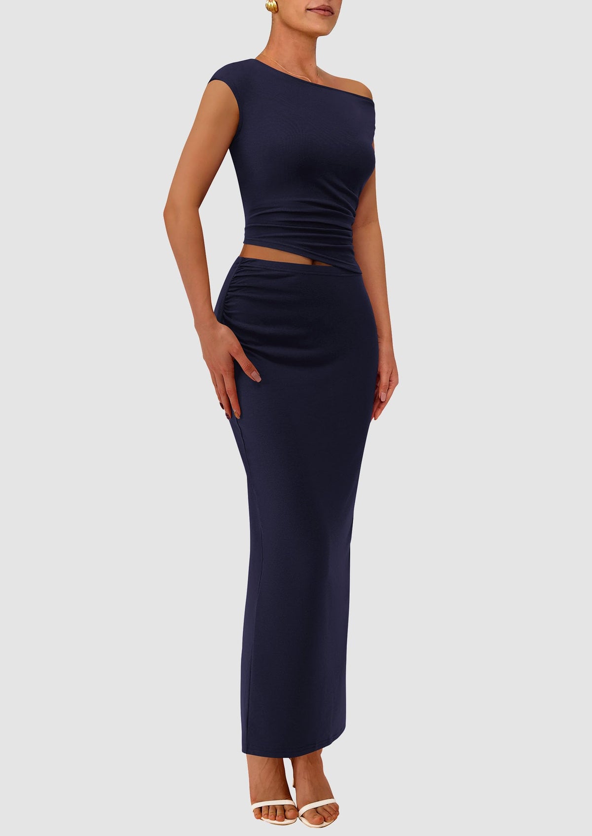 One Shoulder Sleeveless Ruched Slit Bodycon Two Piece Skirt Set