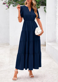 Casual Short Sleeve V Neck Tiered Flowy Beach Vacation Maxi Dress with Pockets