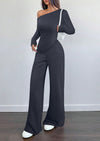 PRETTYGARDEN Casual Two Piece Sets for Women Fall Outfits Asymmetrical Off Shoulder Tops Wide Leg Pants Knit Lounge Set